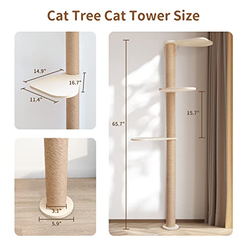 Wood Cat Tower Floor to Ceiling Adjustable with Natural Sisal Rope D574678