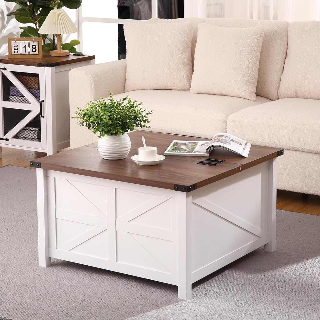 Farmhouse Square Coffee Table with Large Hidden Storage Compartment F5719