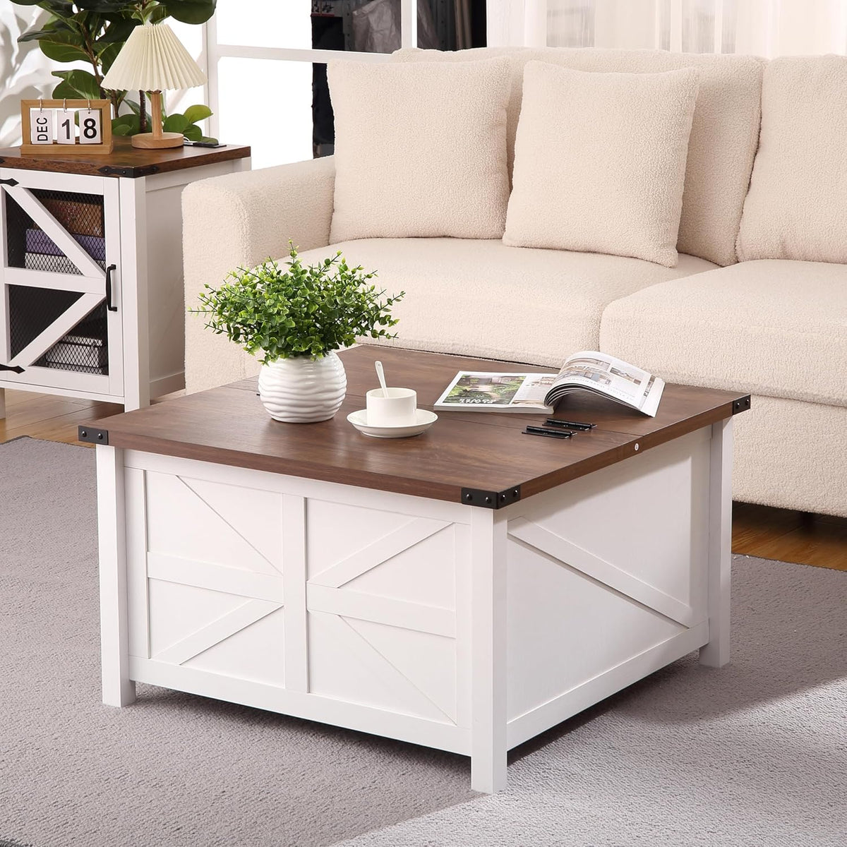 Farmhouse Square Coffee Table with Large Hidden Storage Compartment F5719