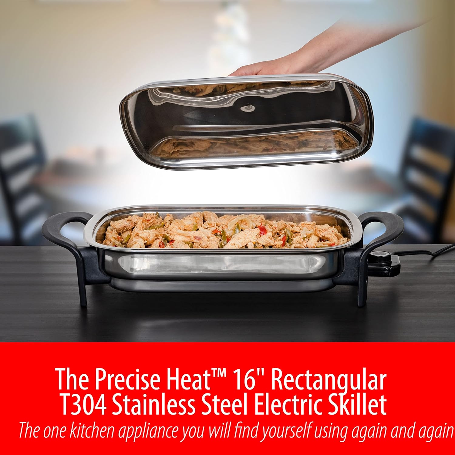 16-Inch Rectangular Stainless Steel Electric Skillet with Lid B873