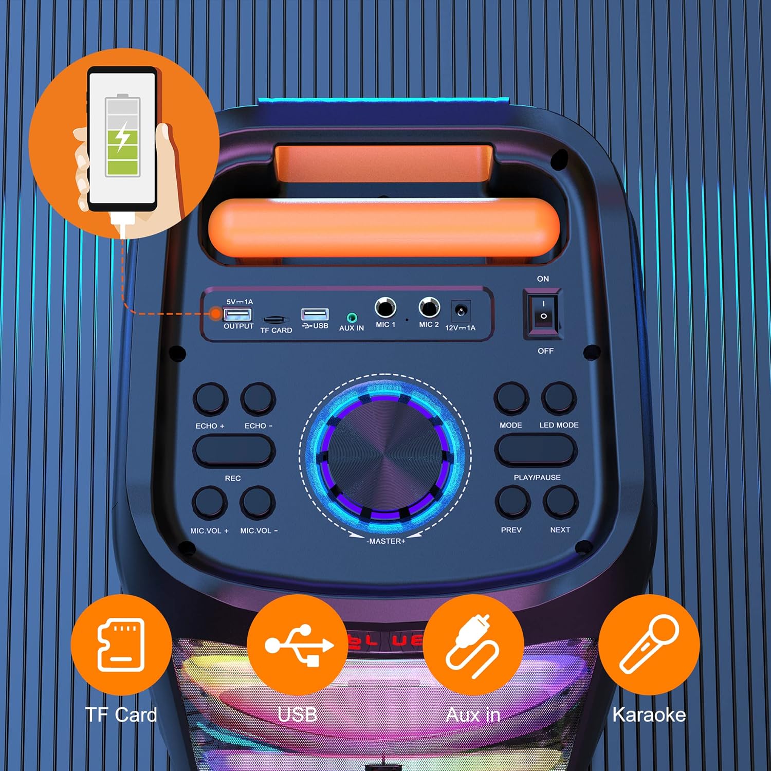 Karaoke Machine with 2 Wireless Microphones, 8" Bluetooth Party Speaker with DJ Light, Rolling Wheels and Trolley P1632
