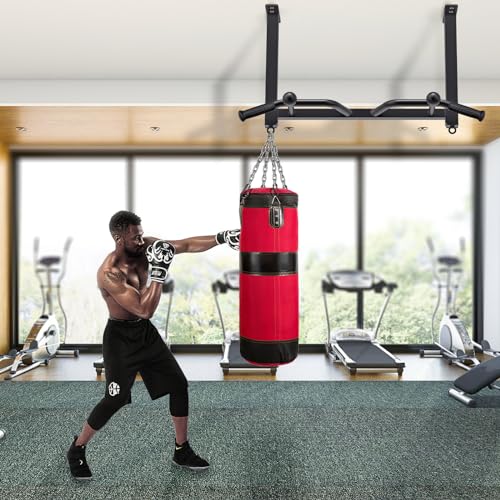 32" Ceiling Mounted Heavy Duty Pull Up Bar with Punching Bag Hanger and Resistance Bands C46598