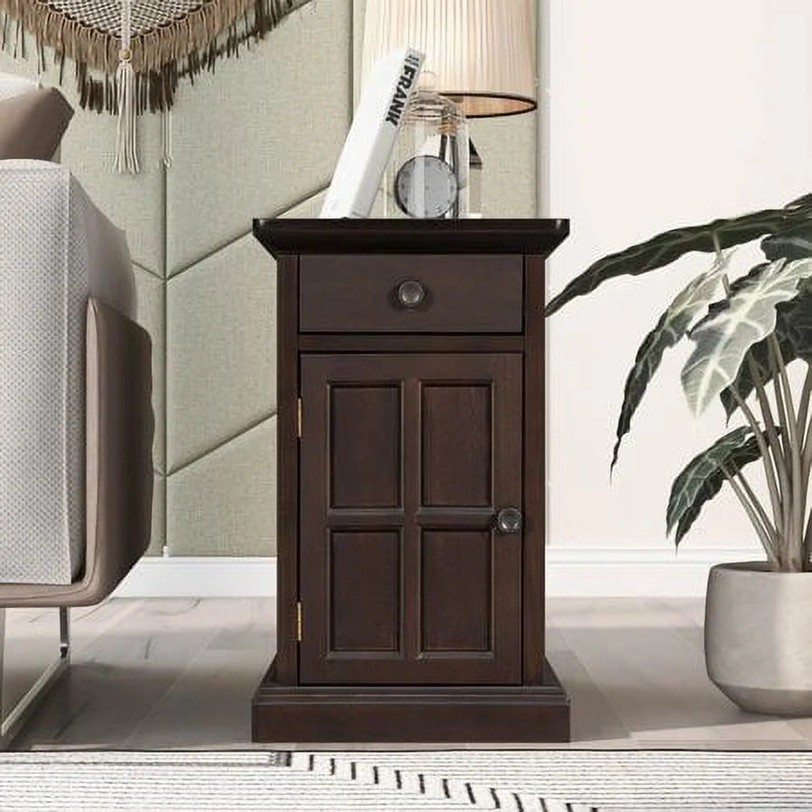 Antique Espresso End Table with USB Ports Drawer and Cup Holders G555681