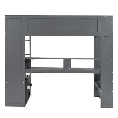 Dark Gray Wood Twin Size Gaming Loft Bed with Desk and Shelves H44301