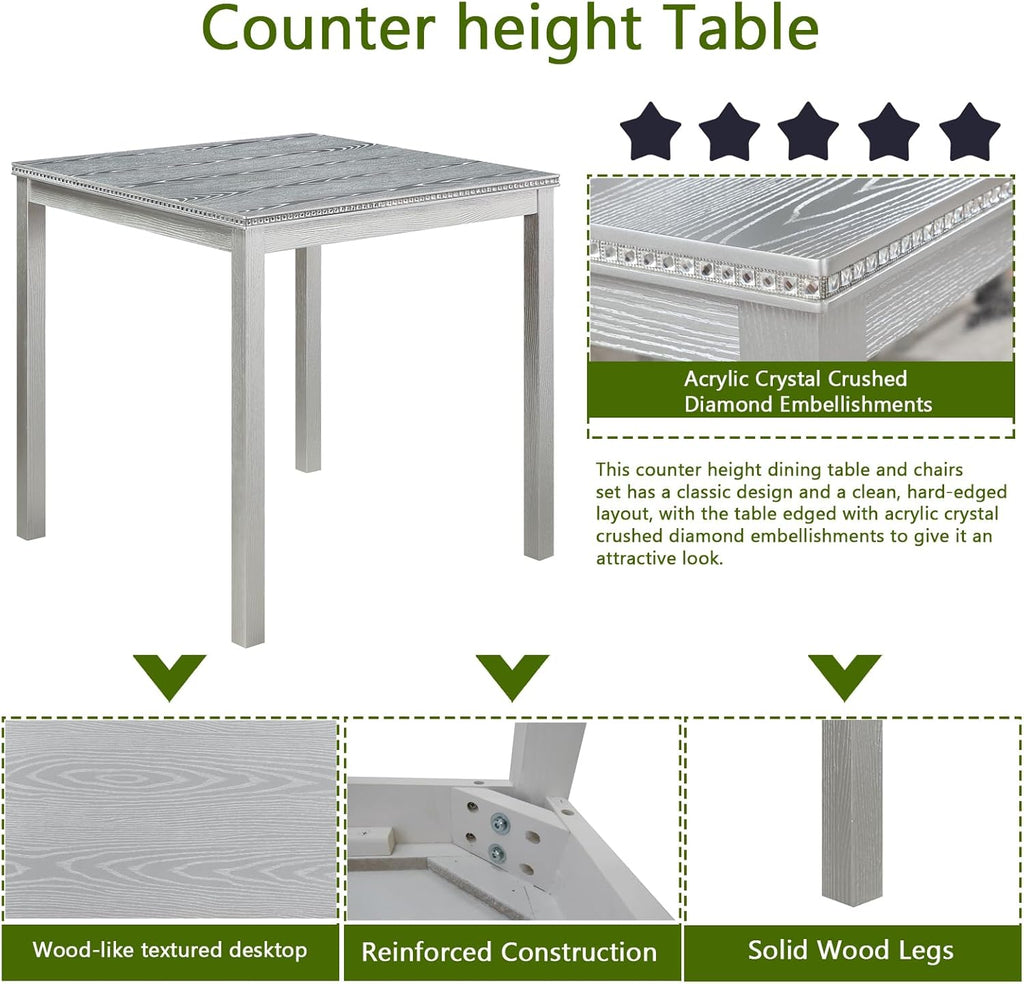 5-Piece Acacia Wood Counter Height Dining Table Set with 4 Upholstered-Seat Chairs J91026