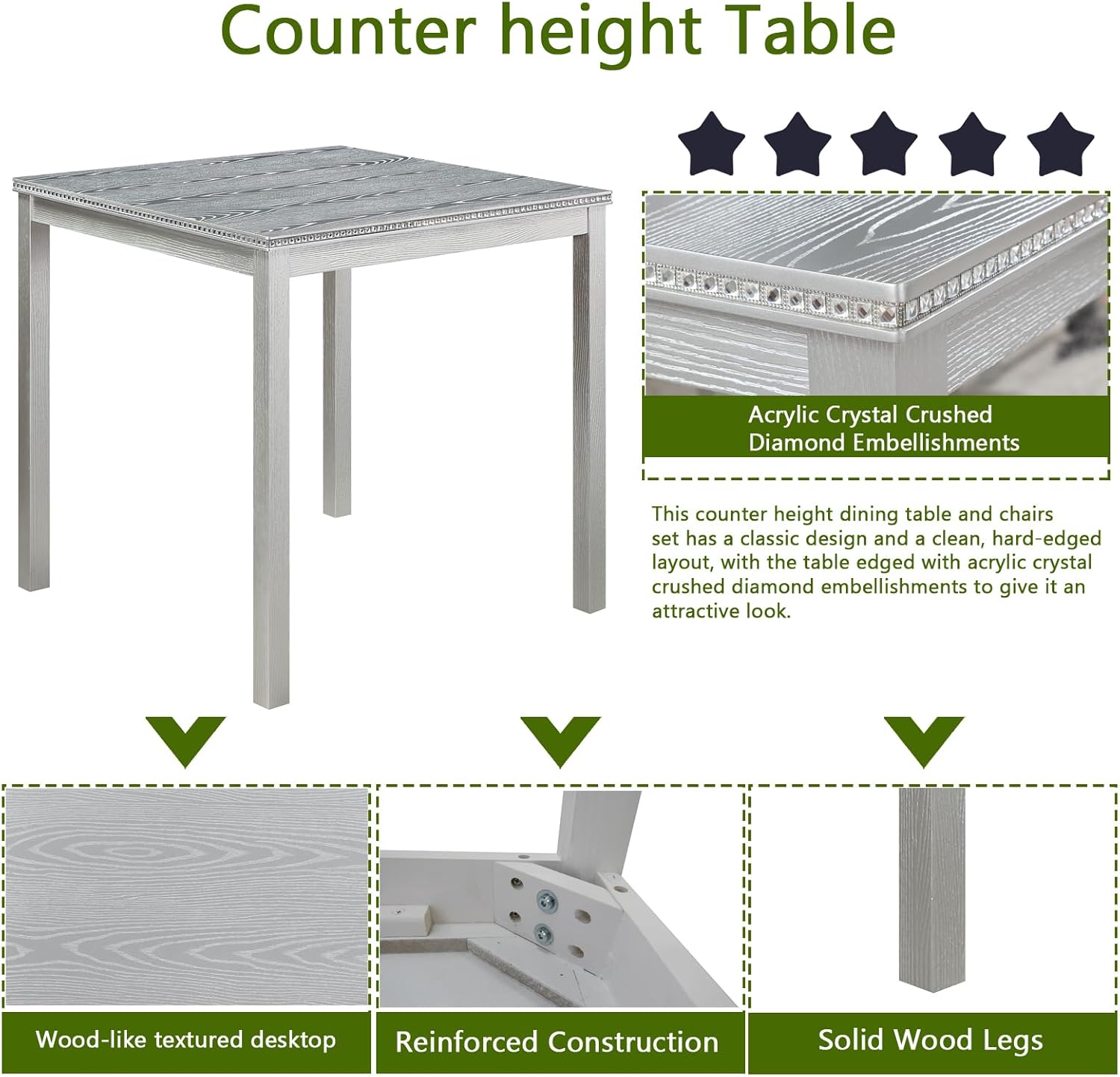 5-Piece Acacia Wood Counter Height Dining Table Set with 4 Upholstered-Seat Chairs J91026