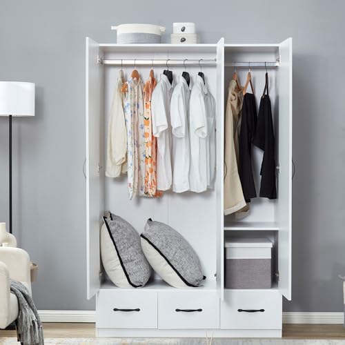 Rattan Armoire Wardrobe Closet Wood 71" Tall with 3 Doors 4 Drawers Mirror Hanging Rod and Shelves A799474