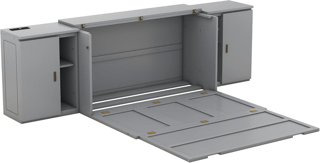 Queen Size Gray Murphy Wall Bed with Shelves and Cabinets D598