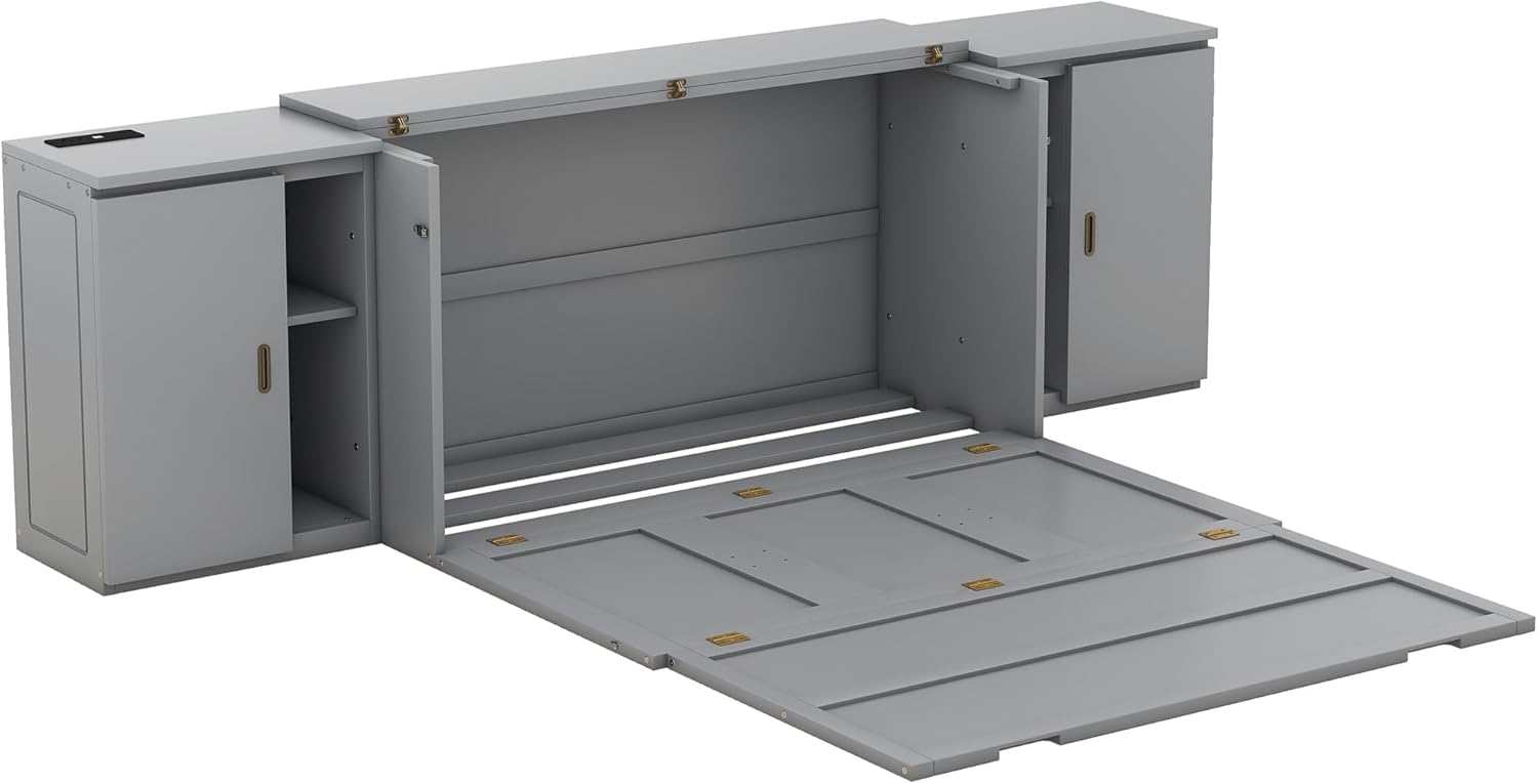 Queen Size Gray Murphy Wall Bed with Shelves and Cabinets D598