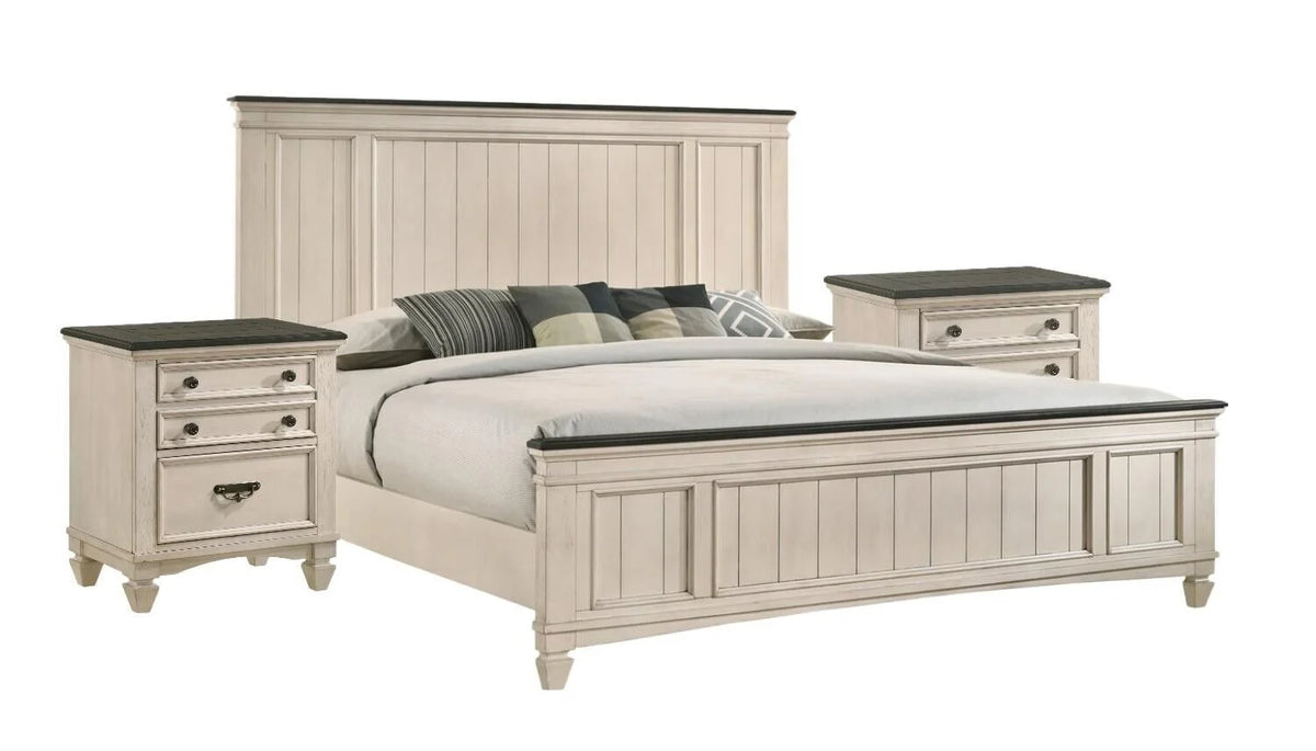3pc Queen Size Panel Headboard Bed and 2x Nightstands Set Beige Wooden J726