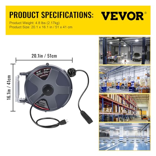 50 FT 14AWG/3C SJTOW Power Cord Reel with Lighted Triple Tap Outlet Z1916