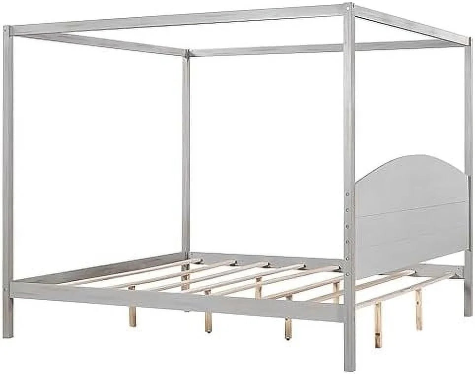 White Queen Size 4-Poster Wood Canopy Bed Frame with Headboard D949020