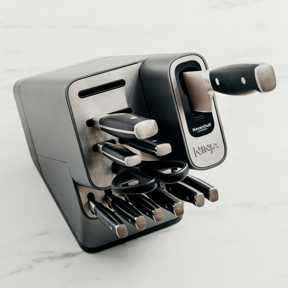 12 Piece German Stainless Steel Knife Block Set with Built-in Sharpener, Black C89100