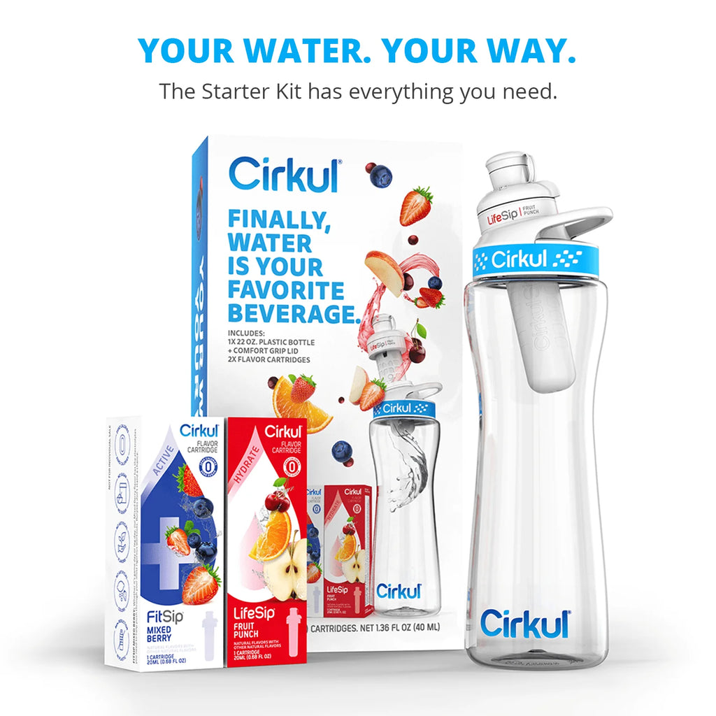 22 oz Plastic Water Bottle with Blue Lid and 2 Flavor Cartridges I436201