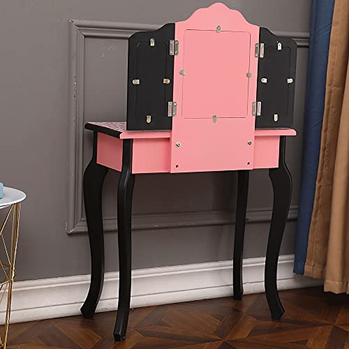 Pink Kids Vanity Table and Chair Set with Tri-Folding Mirror Y776