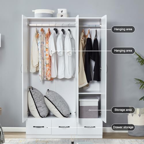 Rattan Armoire Wardrobe Closet Wood 71" Tall with 3 Doors 4 Drawers Mirror Hanging Rod and Shelves A799474