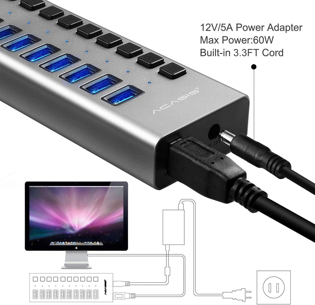 10 Ports 48W USB 3.0 Data Hub with Individual On/Off Switches and 12V/4A Power Adapter G994