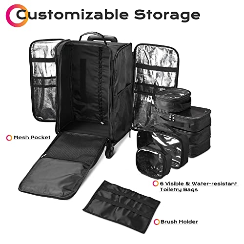 Black Rolling Makeup Train Case Soft Sided Cosmetic Storage Organizer Carry on Travel with Removable Side Pocket Bag A7412