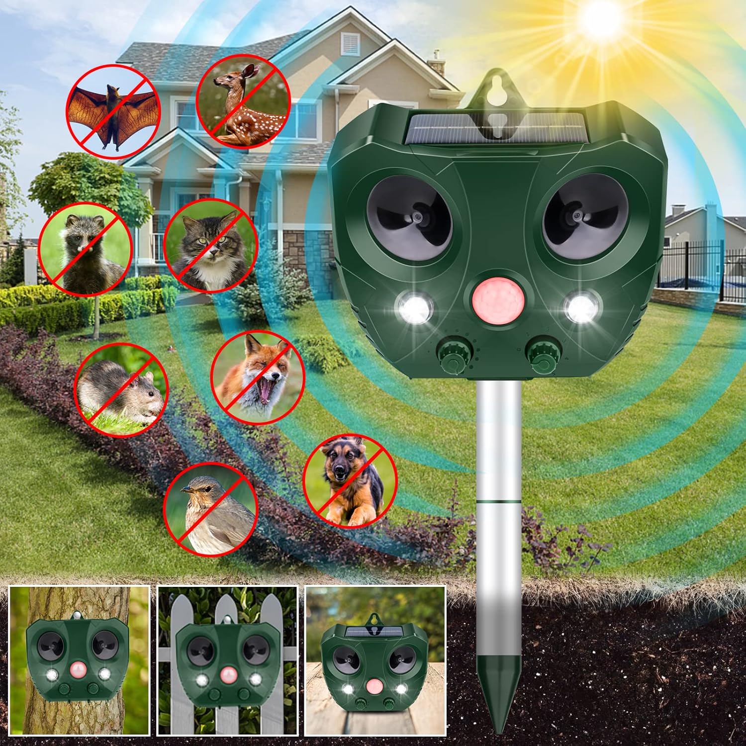 Ultrasonic Solar Pest Animal Repellent with Motion Sensor and Flashing Lights P52796