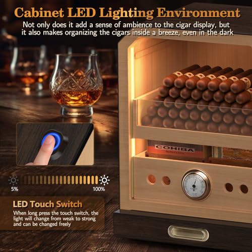 Lighted Magnetic Door Desktop Cigar Humidor Cabinet with Drawer, 3 Layer, Brown K8154