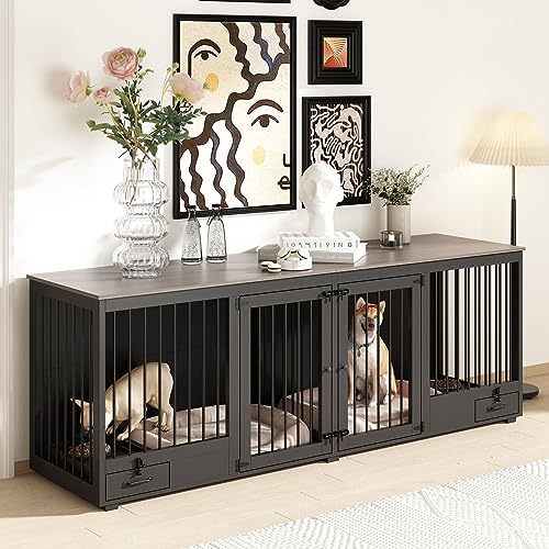 Black Heavy Duty Wooden Dog Crate with Dog Bowl Drawers & Divider P593