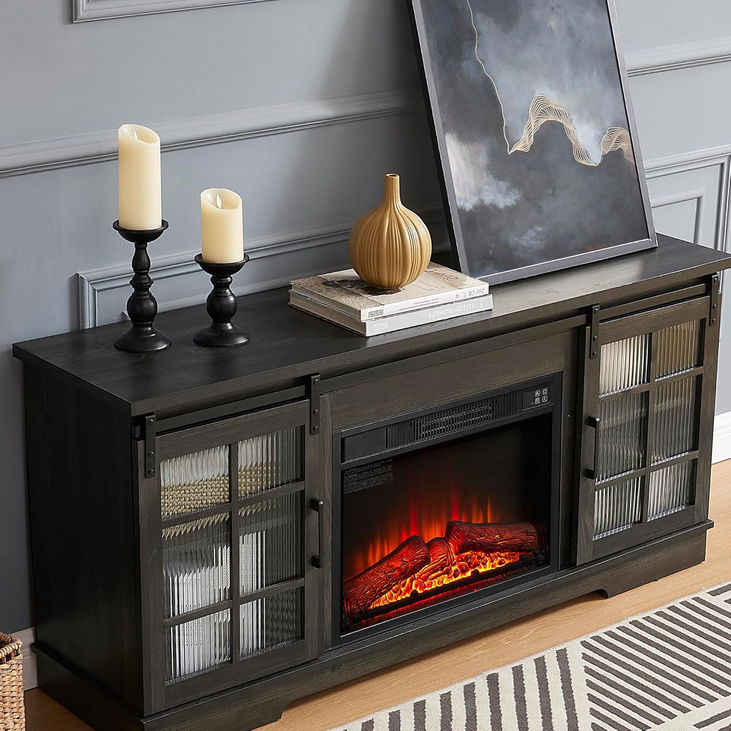 Charcoal Grey Fireplace TV Stand with Storage Drawers and Sliding Door Y337
