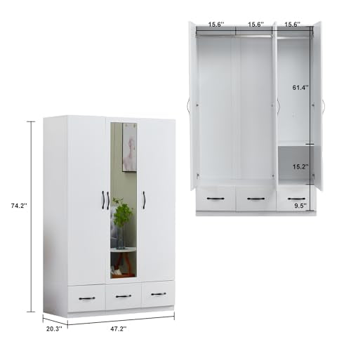 Rattan Armoire Wardrobe Closet Wood 71" Tall with 3 Doors 4 Drawers Mirror Hanging Rod and Shelves A799474