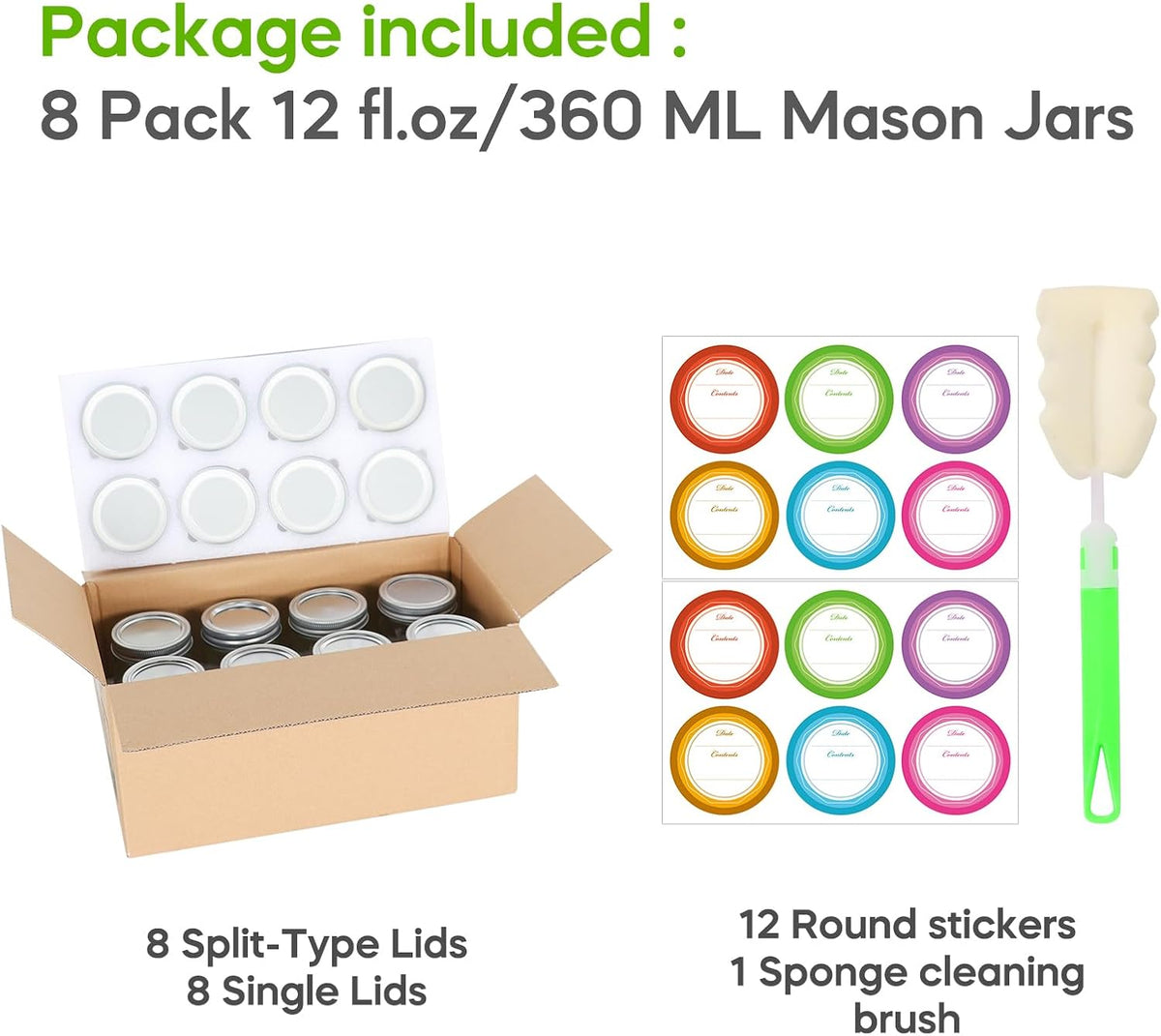 12 oz Clear Glass Mason Jar with Airtight Lid, 8 Pack P68784