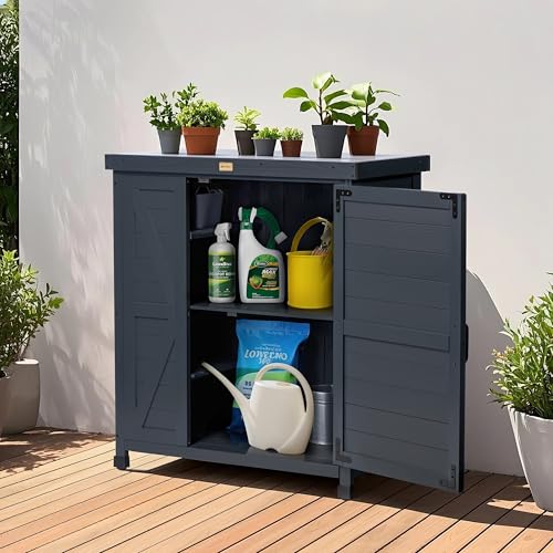 Outdoor Storage Cabinet with Metal Tabletop, 3 Adjustable Shelves E23316