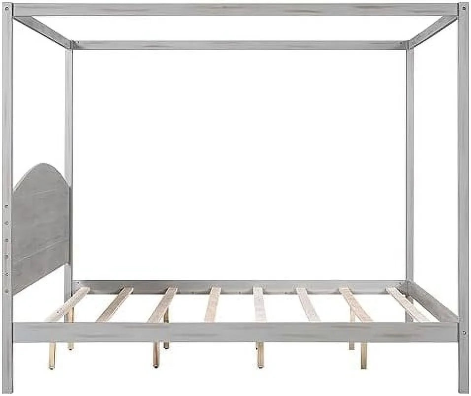 White Queen Size 4-Poster Wood Canopy Bed Frame with Headboard D949020