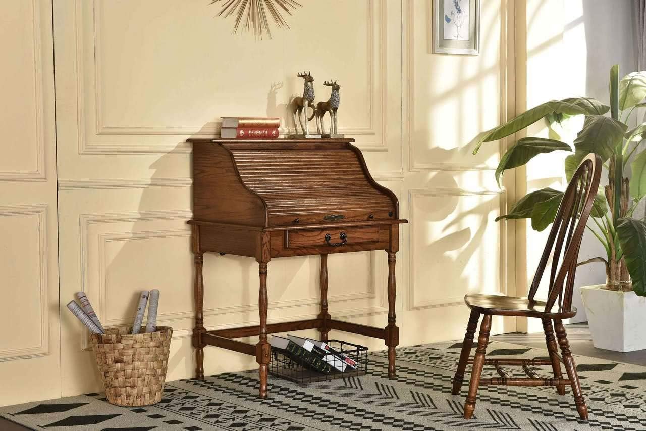 Mini Roll Top Desk Solid Oak Wood Burnished Walnut Finish J6167