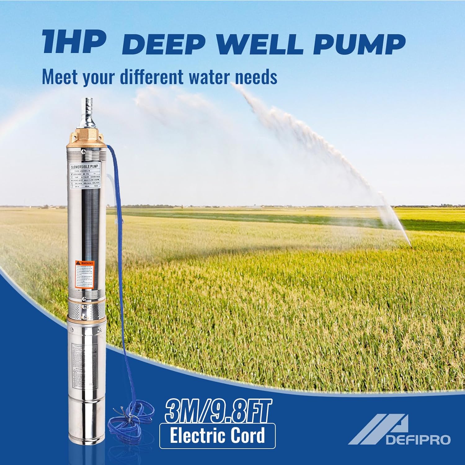 1HP 220V 60HZ 0.75KW Stainless Steel Submersible Well Pump, 1.25" Outlet, 33GPM 207ft Head M9686