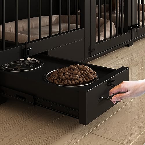 Black Heavy Duty Wooden Dog Crate with Dog Bowl Drawers & Divider P593