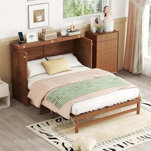 Queen Size Walnut Cabinet Murphy Bed with Drawer V4040