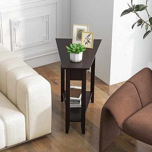 Espresso Wedge End Table with Storage Shelf and Solid Wood Legs W98822